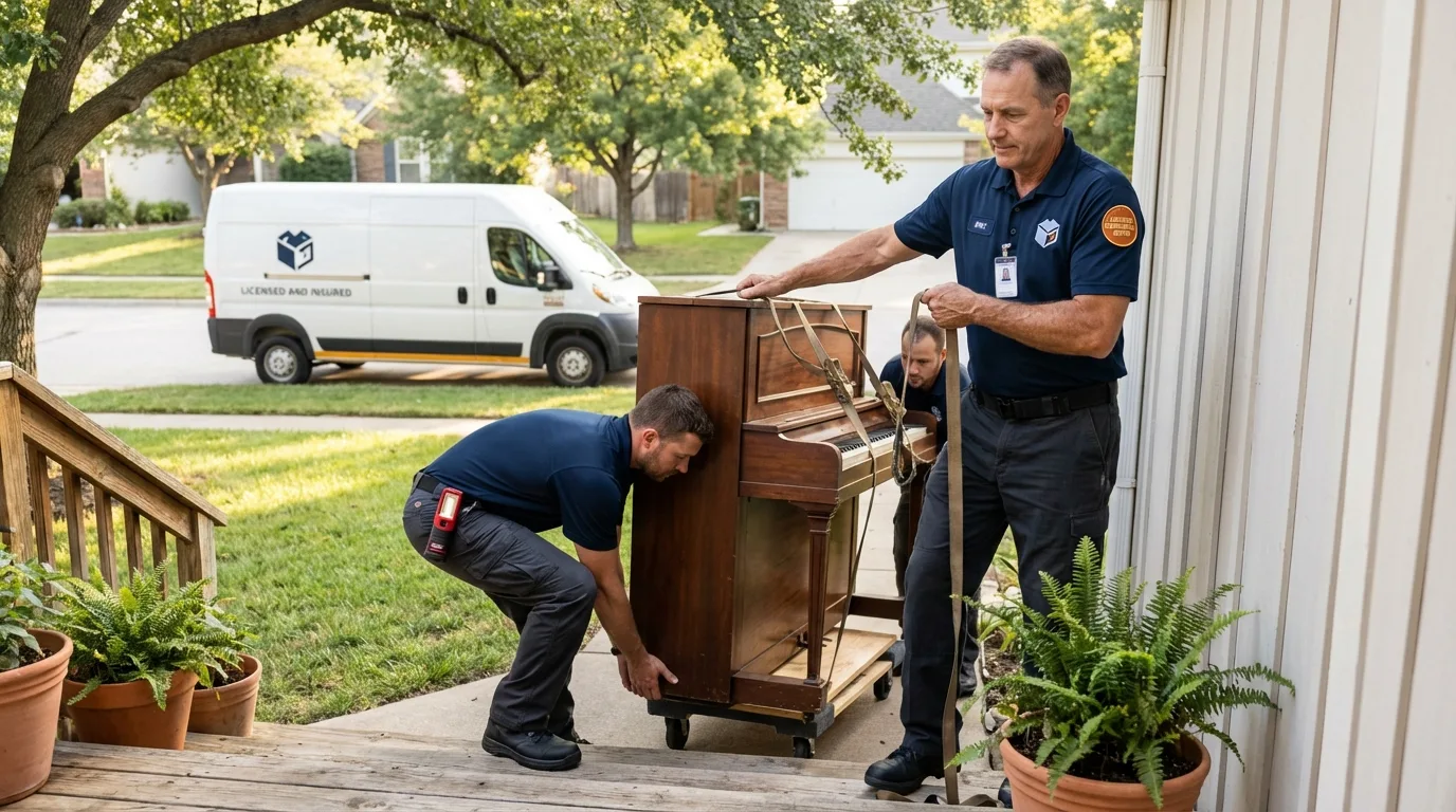 Licensed piano movers securing grand piano in Frontenac, KS