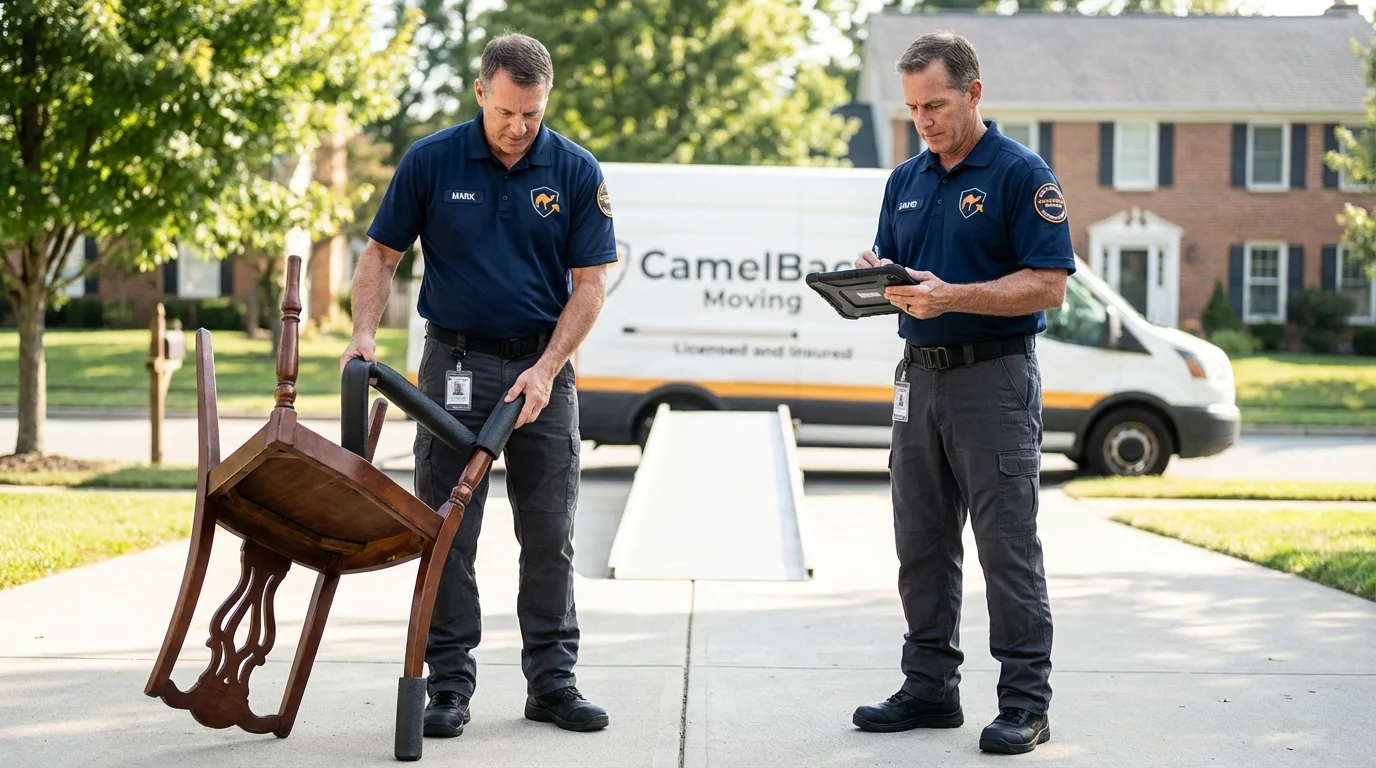 Movers inspecting furniture for damage prevention before loading in Frontenac, KS