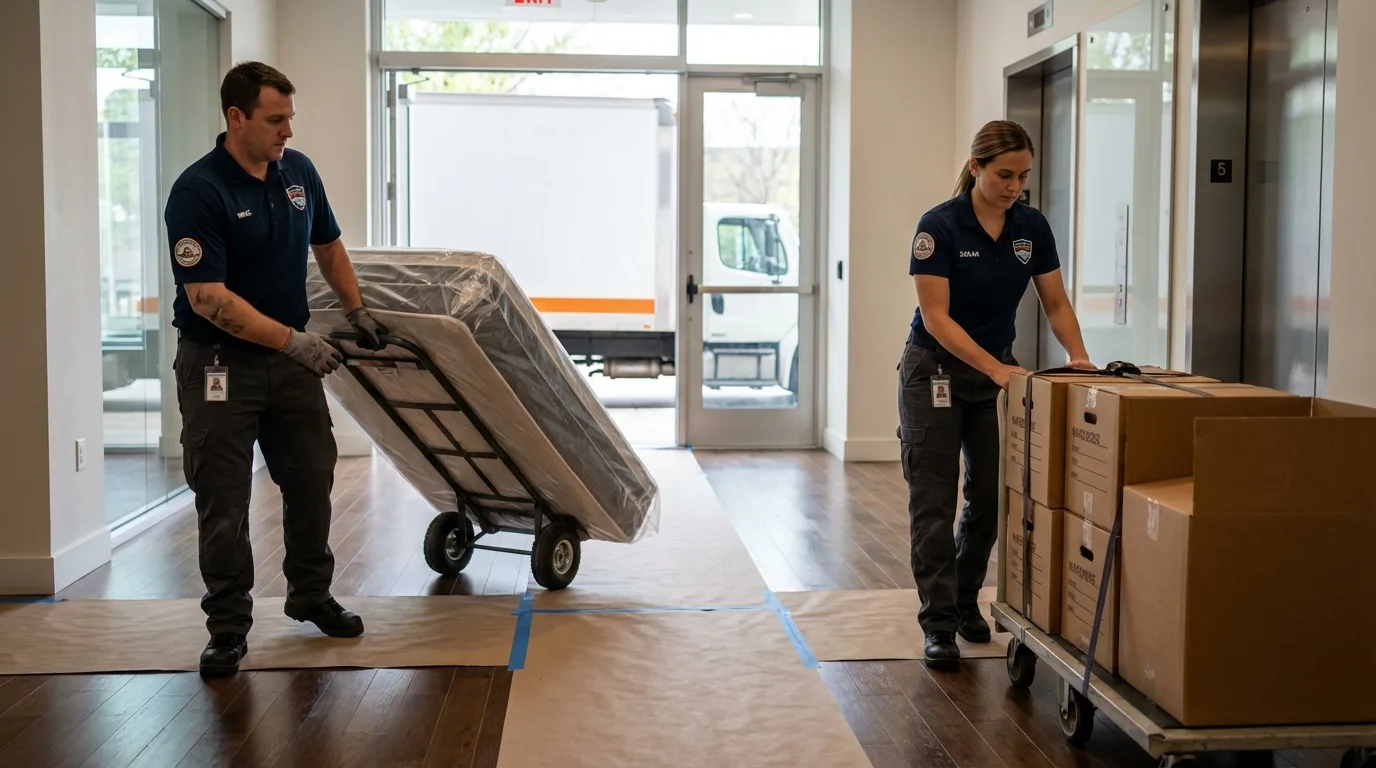 Professional apartment movers loading elevator in Frontenac, KS